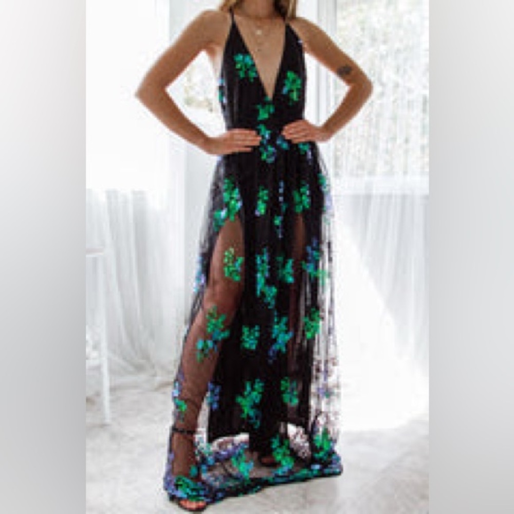 Elegant Black Maxi Dress with Green and Blue Maxi Sequin Details